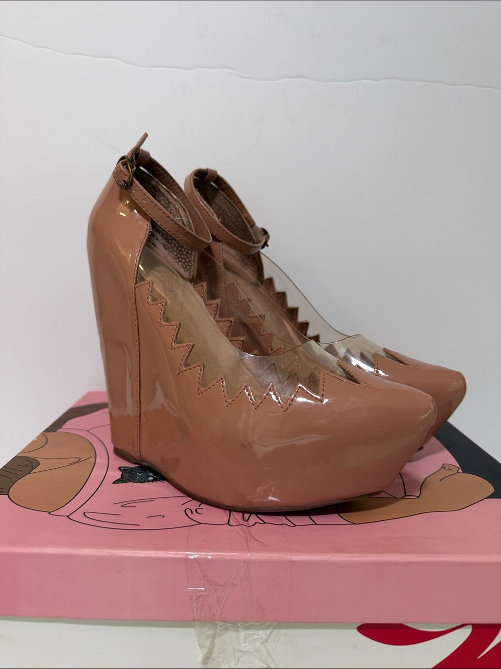 Jeffrey Campbell - Nude Patent Platform Wedge Pumps with Ankle Strap